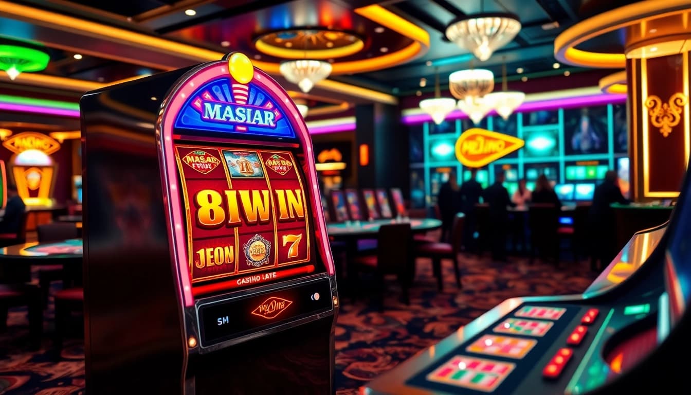 MABAR88 Spin menampilkan suasana kasino yang menarik dengan mesin slot, para pemain, dan pencahayaan yang berwarna-warni.