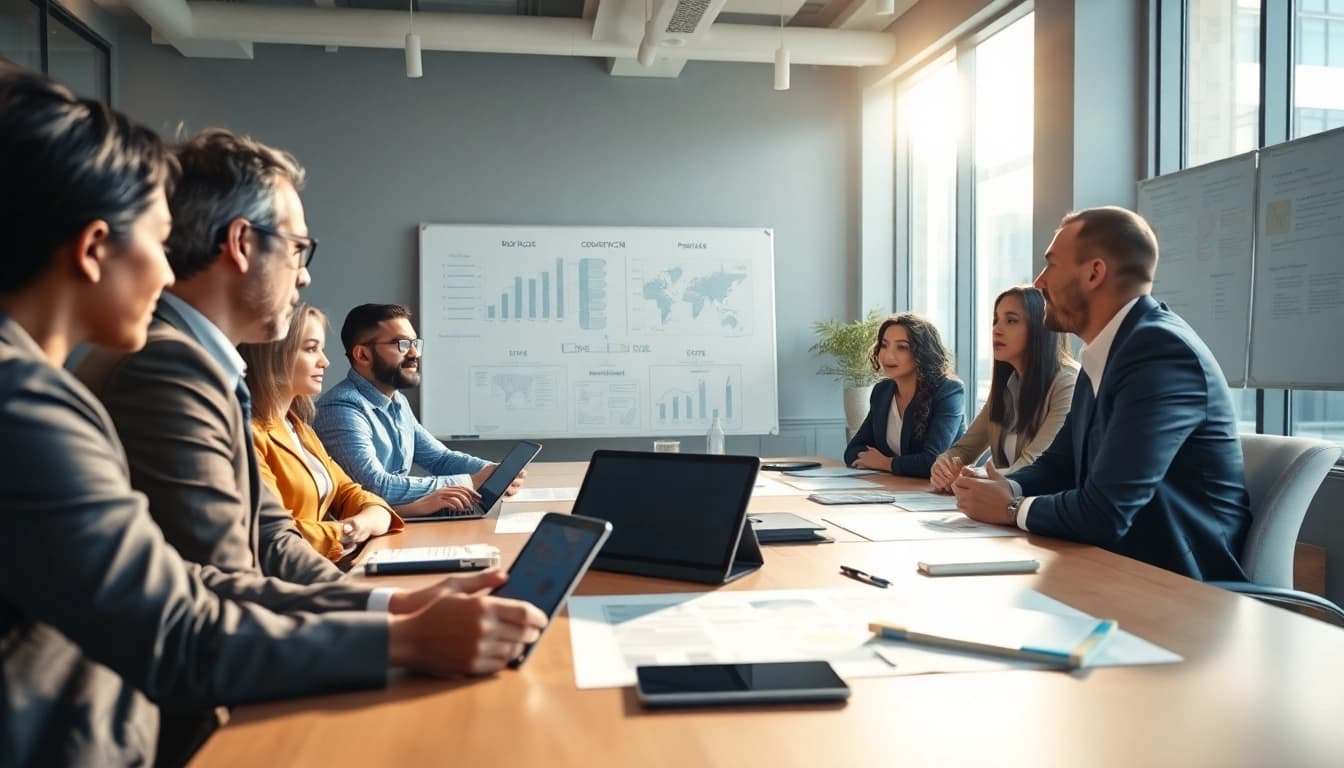 Crisis management consultant leading a corporate strategy meeting with a diverse team.