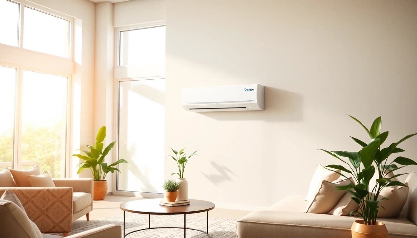 Enhance comfort with a Daikin mini split AC unit in a stylish living room.