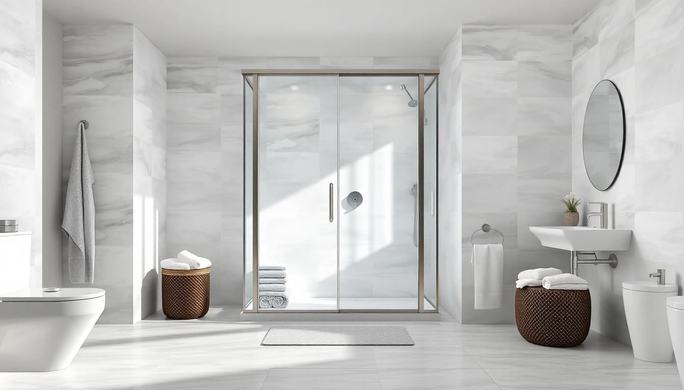 Sonni Duschkabine in modern Badezimmer mit eleganten Details und natürlichem Licht.