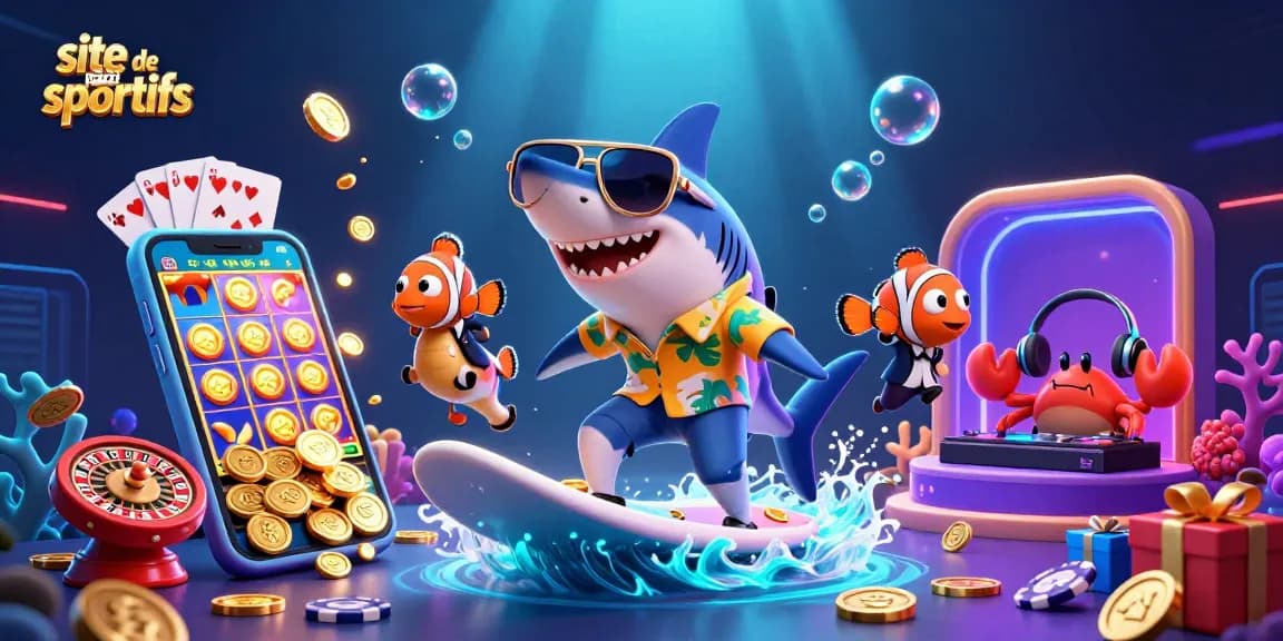 Pariez sur le site de paris sportifs avec un requin en surf et un corail festif en arrière-plan.