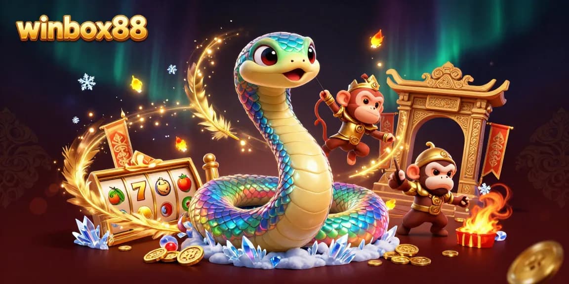 Winbox88 brings excitement alive with a playful monkey king, colorful serpent, and slot game elements in a vibrant scene.