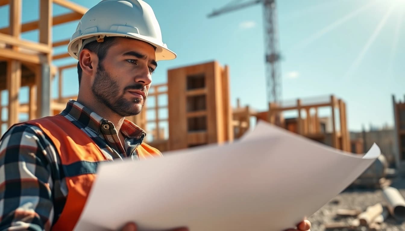 Highlighting a New Jersey General Contractor reviewing plans with construction tools and materials.