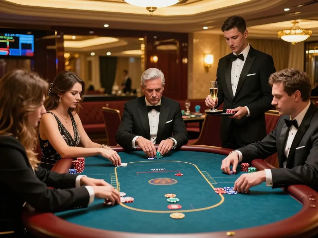 Engage with top quality widgets at a luxurious poker table in an exclusive casino, showcasing strategic gameplay and high stakes.