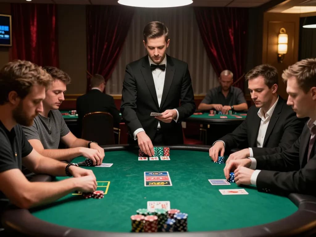 Focus on nhà cái 388bet players strategizing during a high-stakes poker game in an upscale casino.