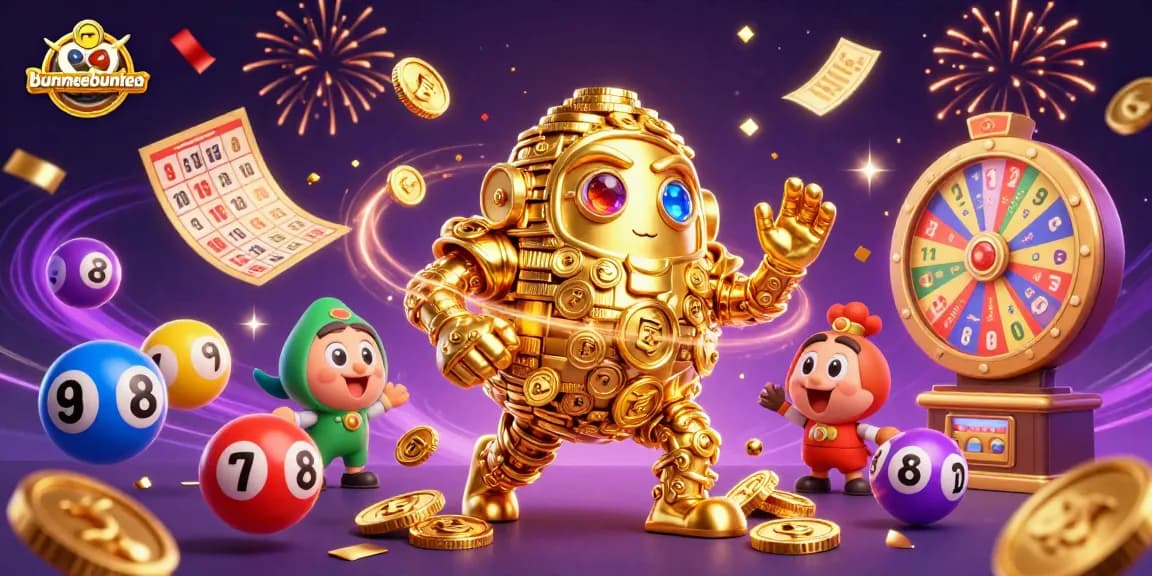 Menangkan permainan slot gacor di bunmeebuntea dengan simbol mesin slot dan bola lotere meriah.