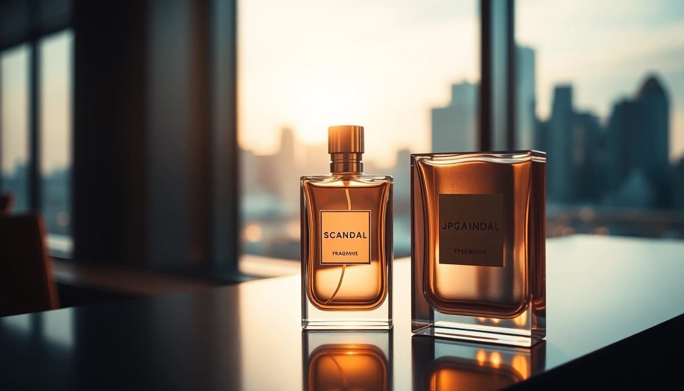 Showcase the luxurious Jpg Scandal fragrance bottle in an elegant urban setting.