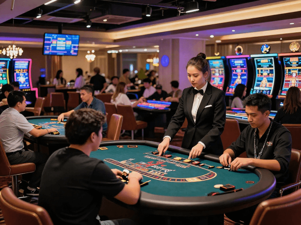 Exciting live casino gaming scene with players and professional dealers interacting.