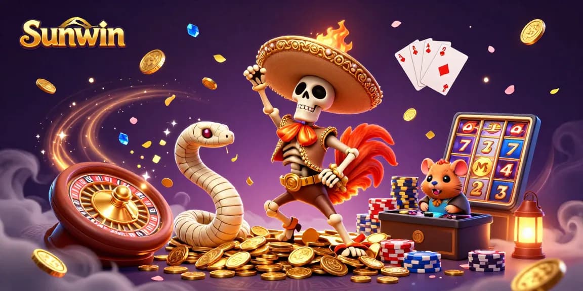 Celebrate wins at Sunwin with vibrant gaming elements and colorful casino characters.