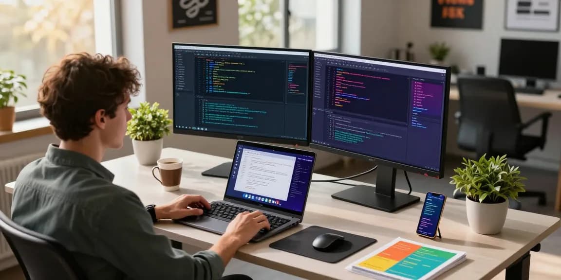 Professional workspace showcasing software development with 纸飞机官网 on screens and vibrant coding.