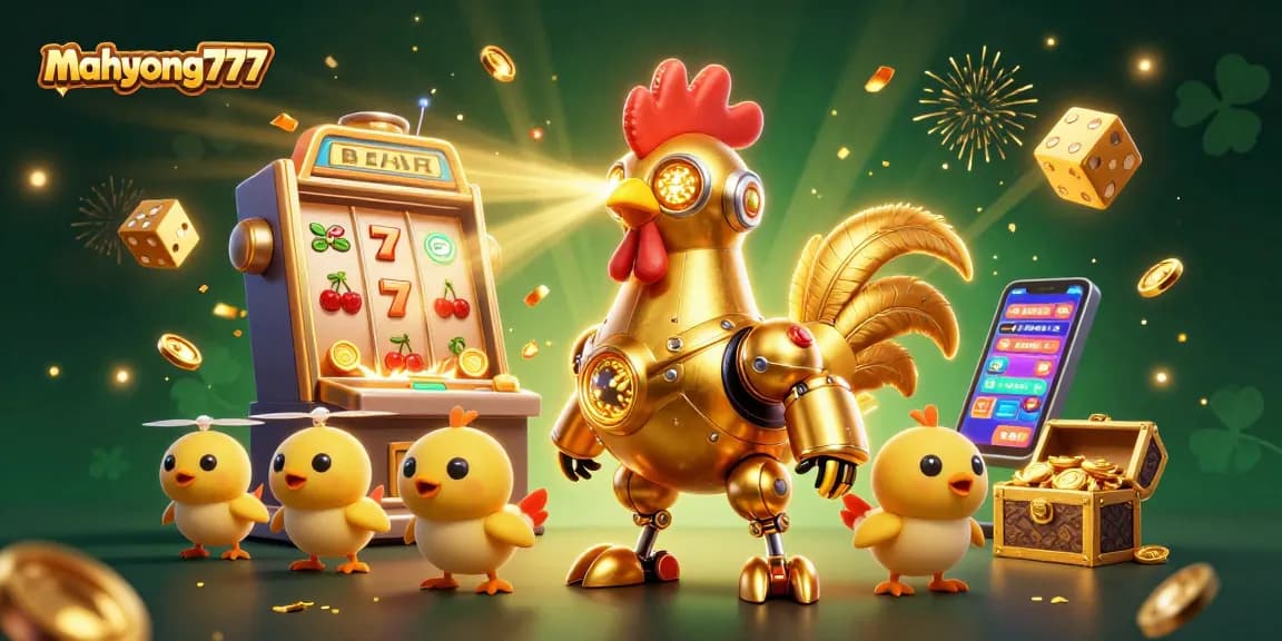 Experience winning thrills with mahyong777's golden rooster robot and jackpot delights in this vibrant casino scene.