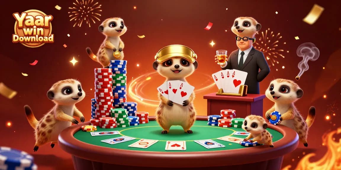 Experience thrilling gaming with Yaar win download in a vibrant casino scene featuring animated meerkats.