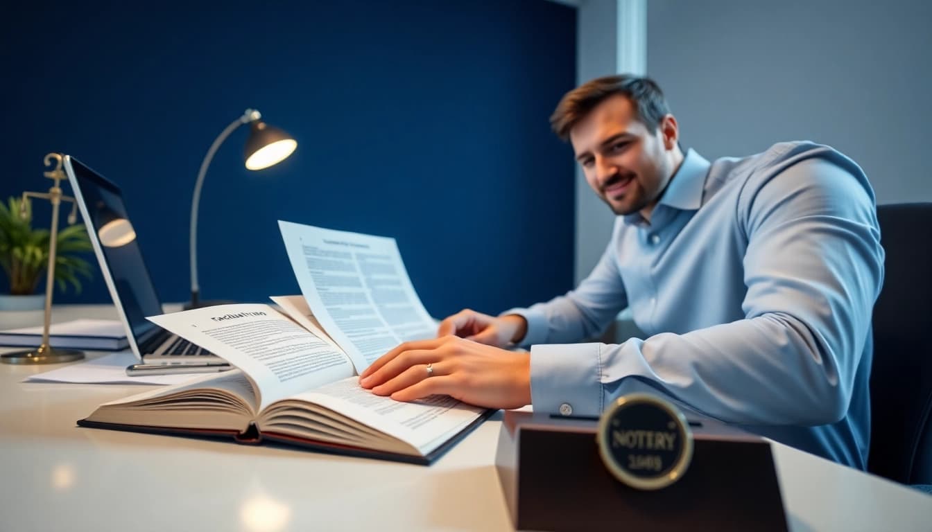 Sworn translator (traduttore giurato) professionally engaged in translation work at a modern desk.