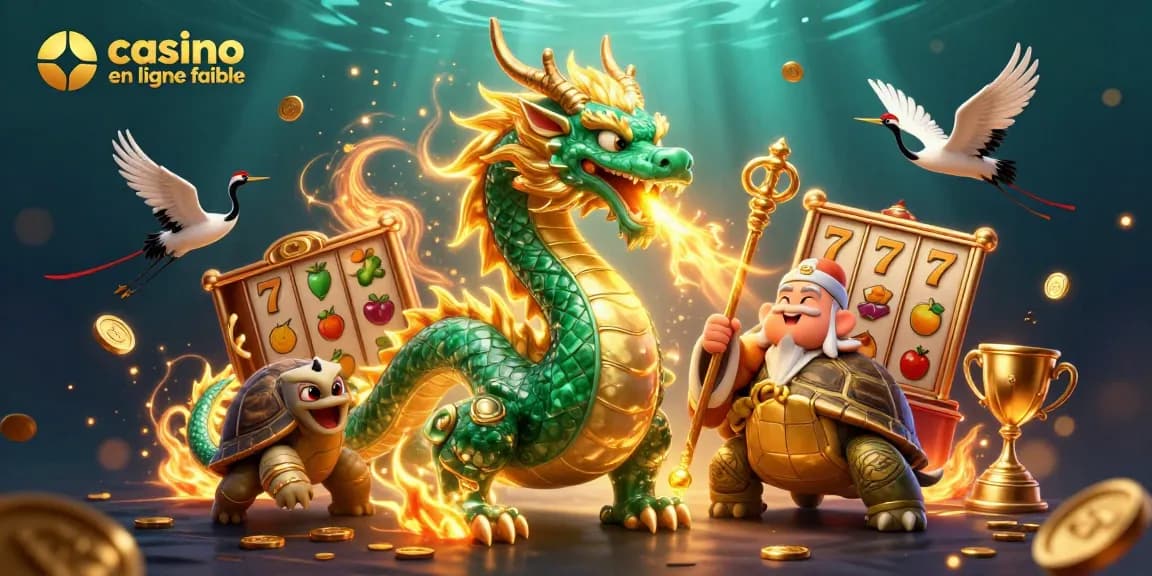 Illustration dynamique de casino en ligne fiable avec dragon, tortue sage et grues porte-bonheur.