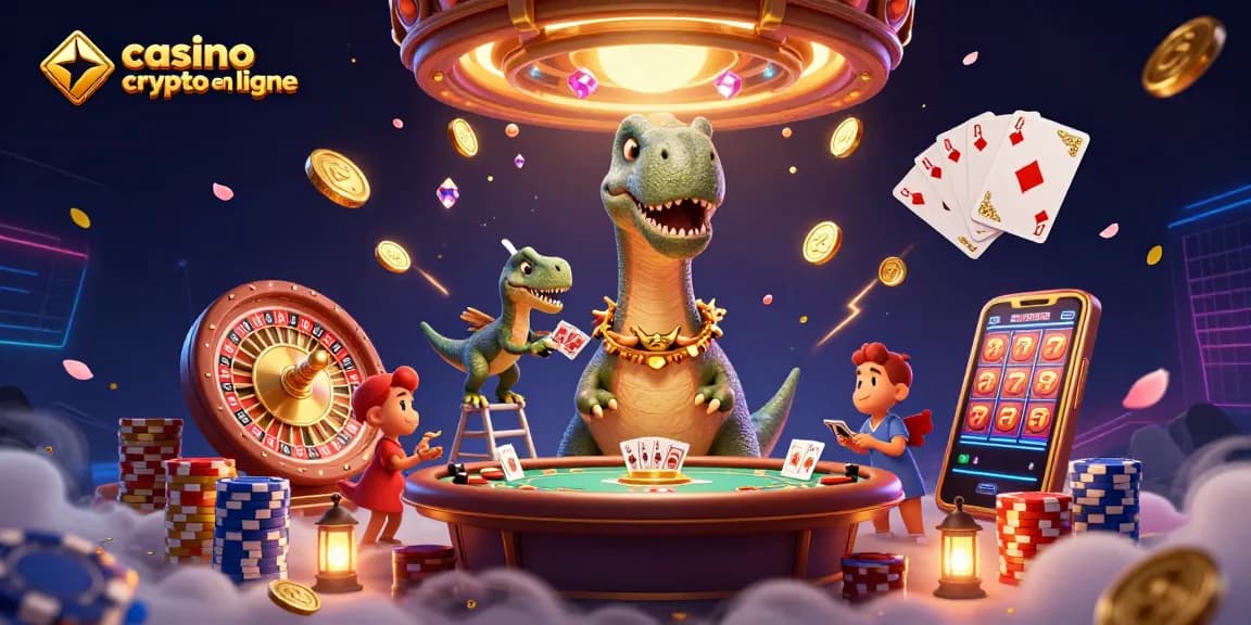Visitez le casino crypto en ligne avec un brontosaure et un phasme distribuant des cartes.