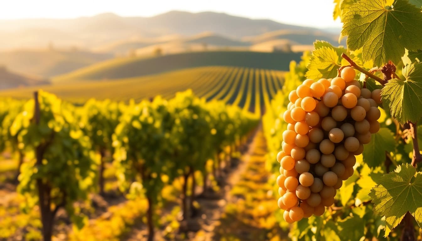 Grapes in the vibrant northern California wine country against scenic rolling hills.