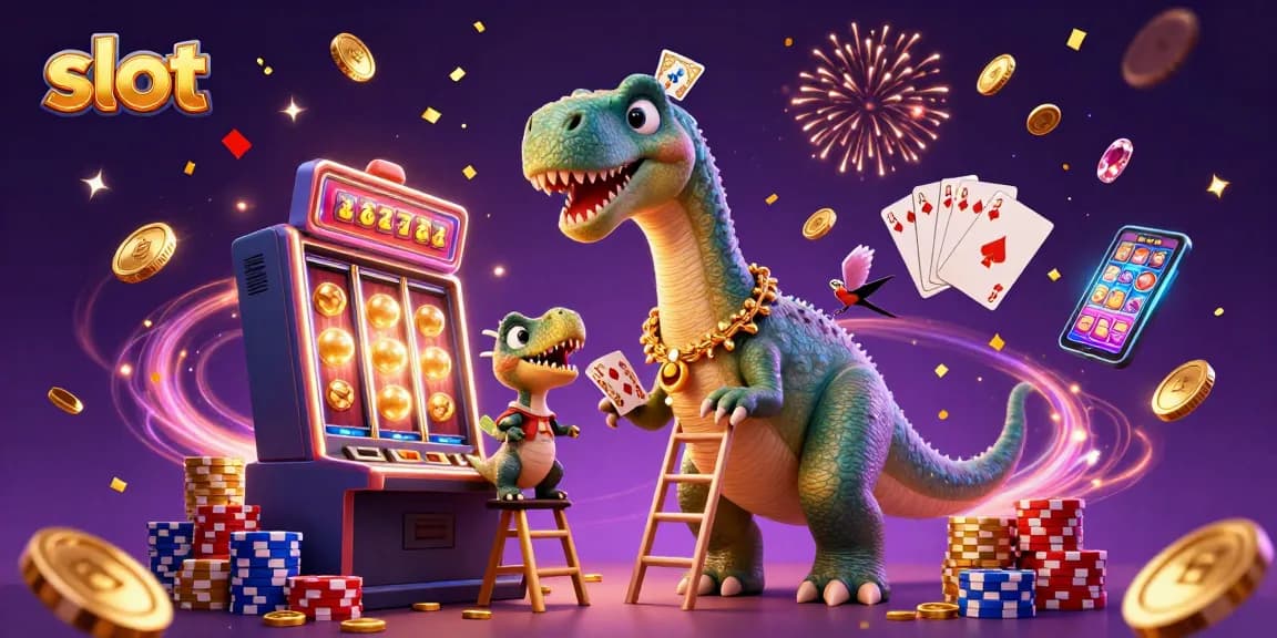 Spin slot reels and win with this vibrant 3D casino illustration featuring dynamic characters.