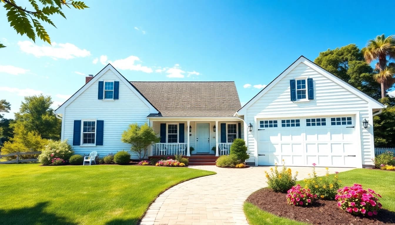 Admire this beautiful cape cod home with attached garage amidst a vibrant garden and blue sky.