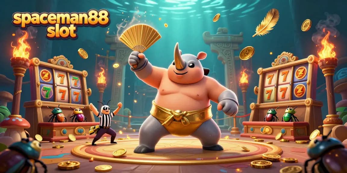 Experience the thrilling action of spaceman88 slot with a cartoon beetle champion surrounded by coins and excitement.