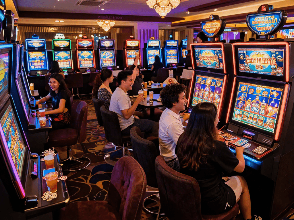 Exciting group enjoying slot kamboja gaming at a vibrant casino, surrounded by colorful lights.