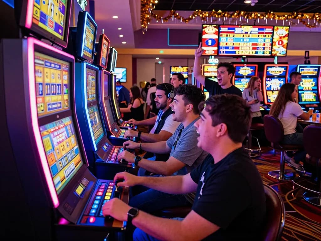 Players engaging with the colorful link slot machine in a lively casino atmosphere.
