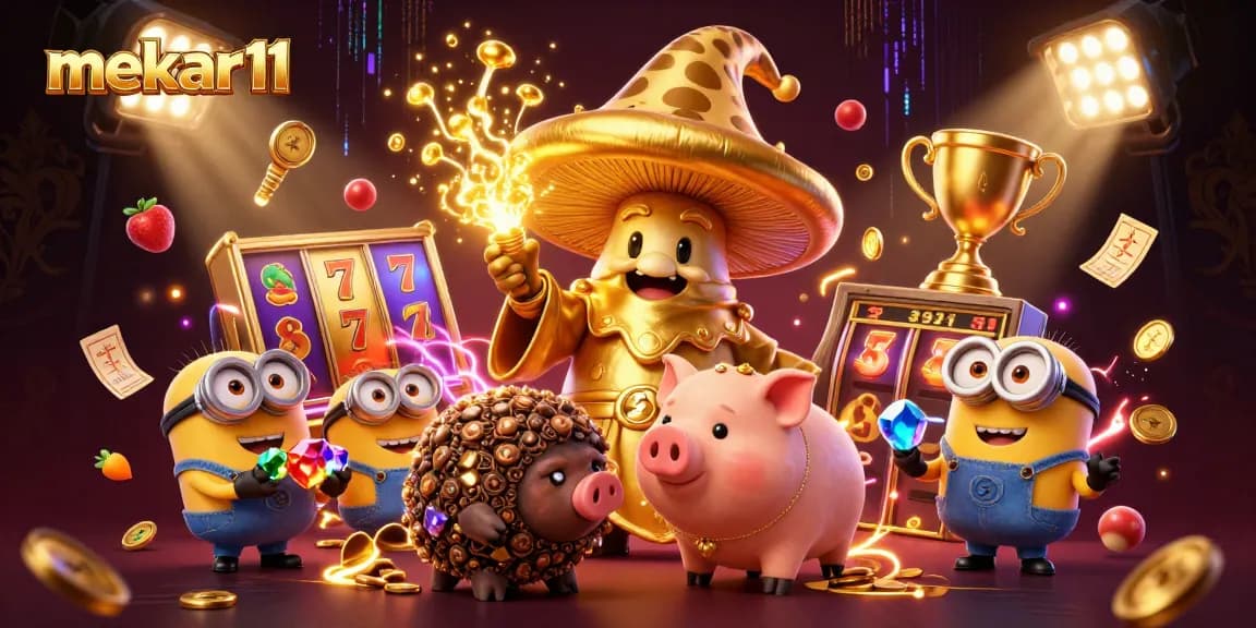 Experience the excitement of mekar11 slot games with golden magic and treasures in a vibrant casino scene.