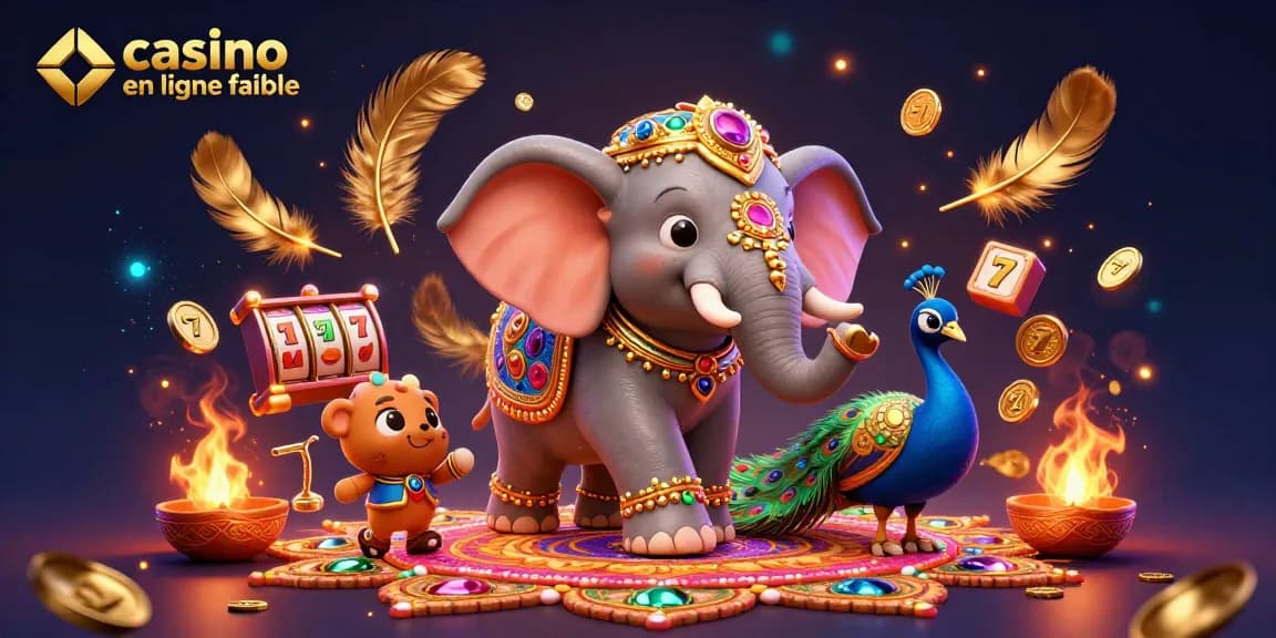 Cliquez pour explorer l'univers du casino en ligne fiable avec un éléphant coloré et des éléments de jeu variés.