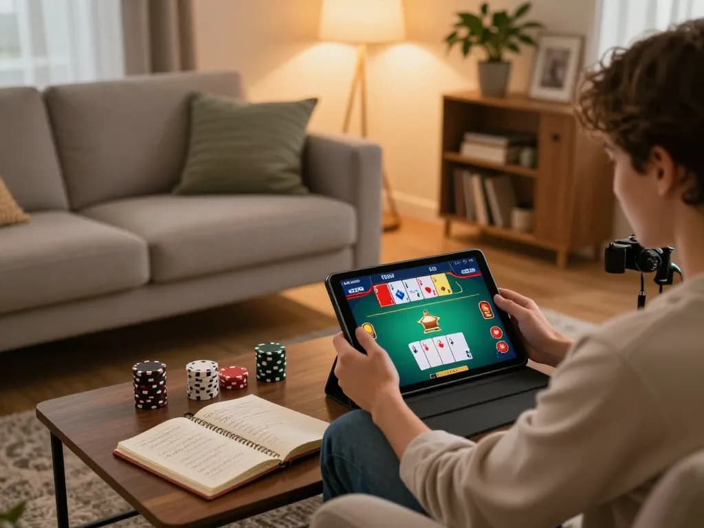 Actively playing poker at home using a QQ88 tablet with strategic notes on a cozy coffee table.