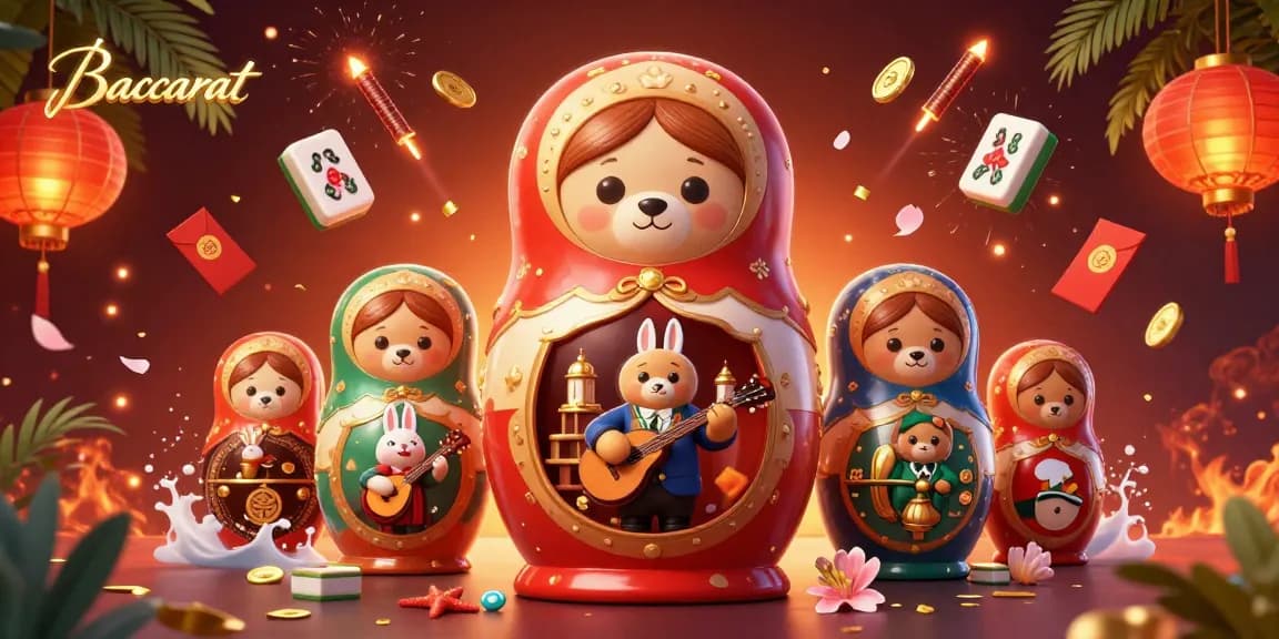Baccarat scene with 3D cartoon Matryoshka bears in dealer outfits surrounded by casino elements