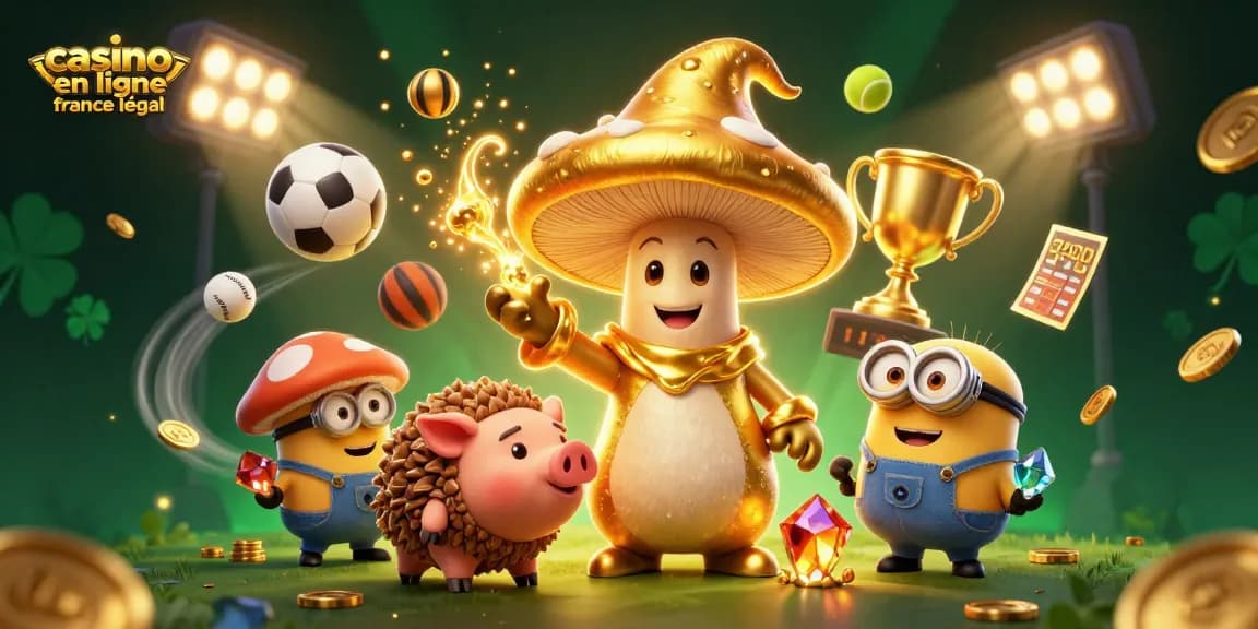 Une scène vibrante de casino en ligne légal en France avec un sorcier champignon doré, un cochon truffier, et des éléments sportifs.