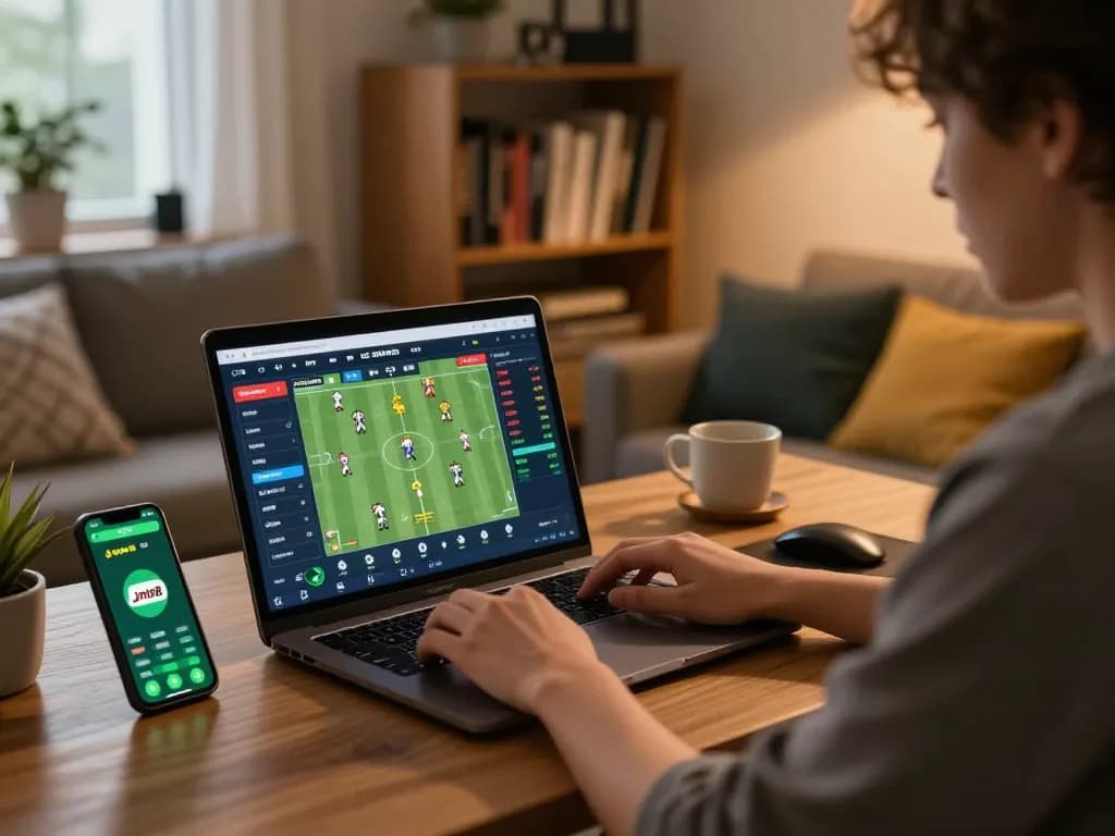 Engaging in online sports betting with jmb88 app on smartphone, displaying live odds and match stats.