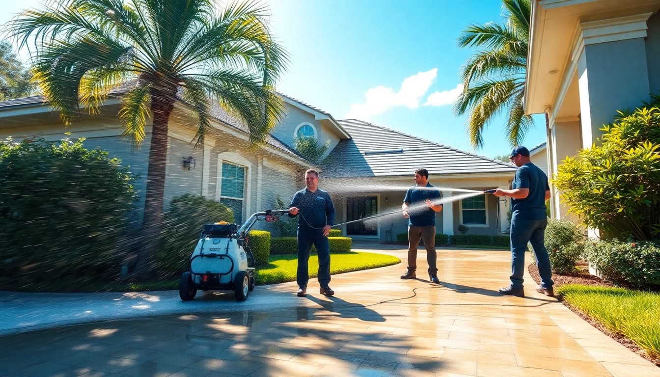 Soft wash service in Kissimmee, FL, showcasing professionals cleaning a home with eco-safe solutions.