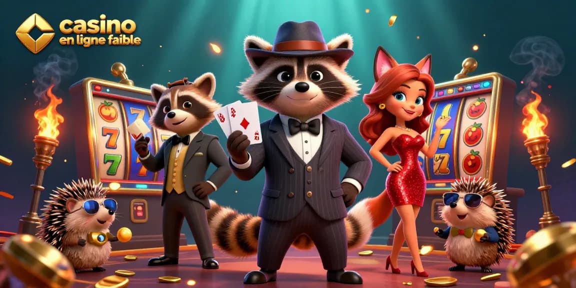 Jouer aux machines à sous avec casino en ligne fiable, illustré par un raton laveur élégant et des compagnons colorés.