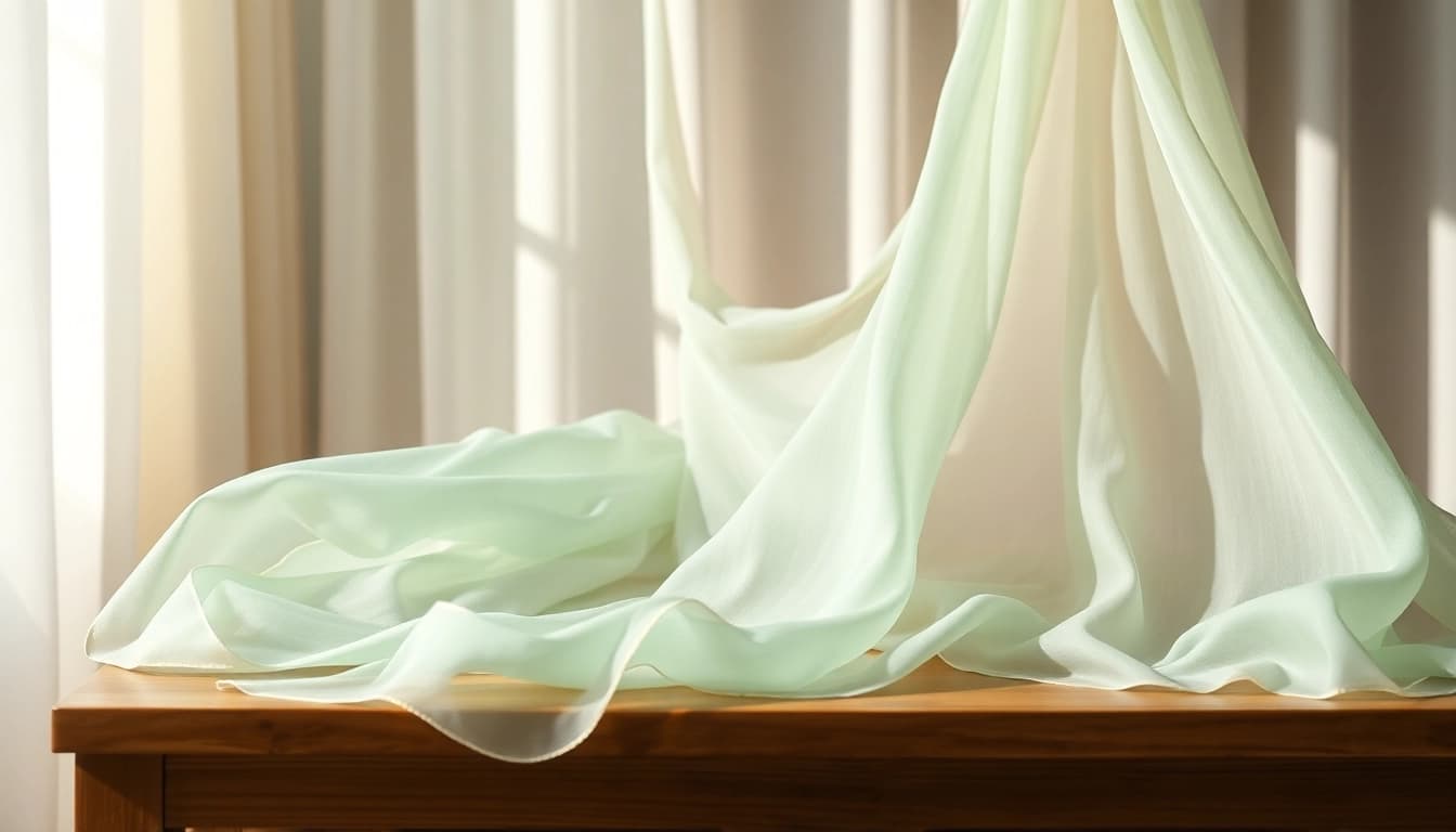 chiffon stof prachtig gedrapeerd met lichte pasteltinten en zachte textuur
