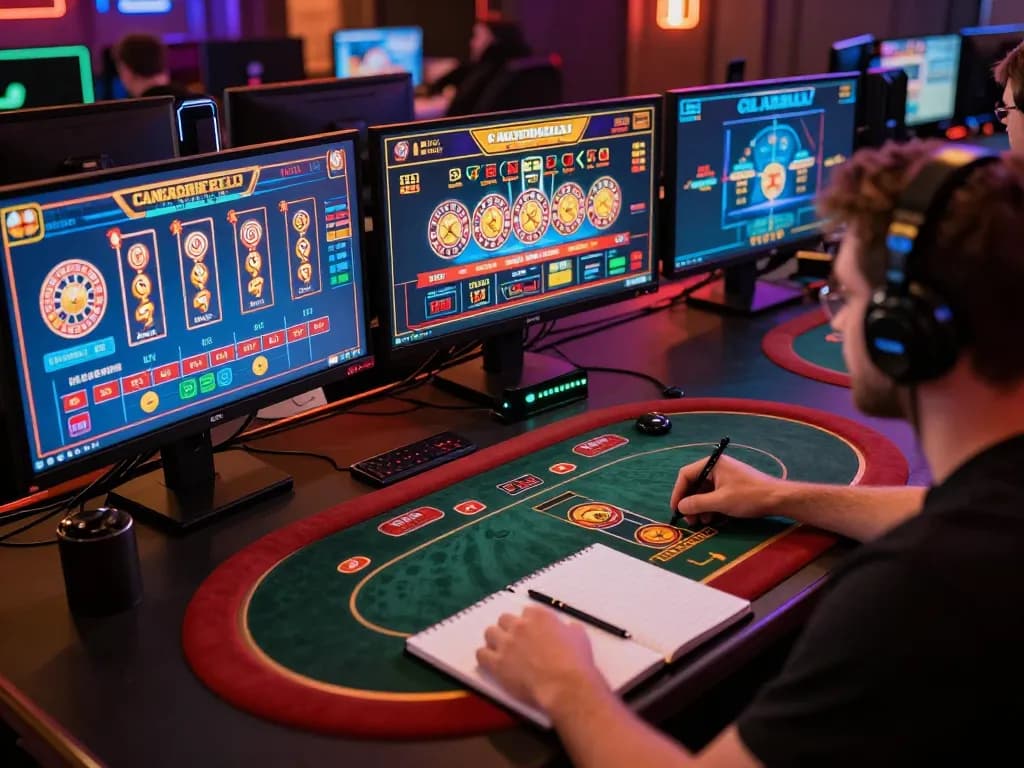 Engaged player using kp88 online casino platform on multiple screens, showcasing strategic gameplay.