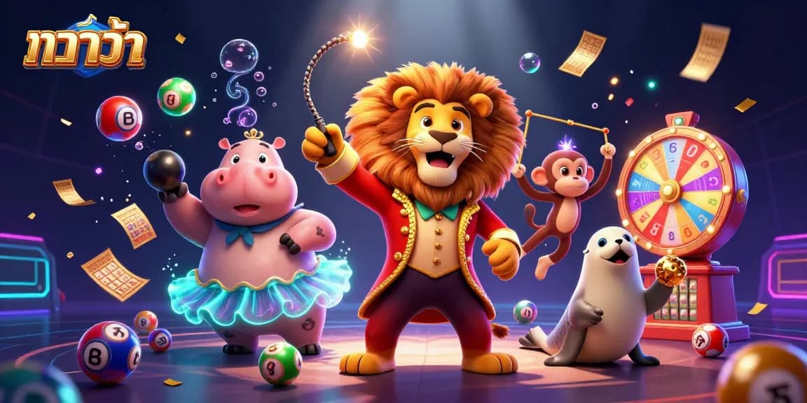 Baccarat players enjoy vibrant action with a ringmaster lion, hippo, and monkey amidst dynamic casino elements.