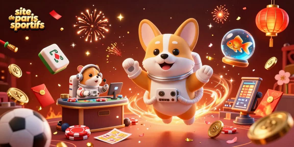 Illustration dynamique de site de paris sportifs avec un corgi astronaute, éléments de paris et confettis.