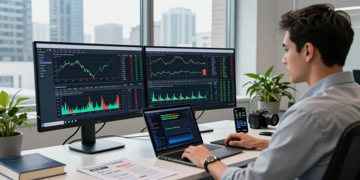 Trader analyzing financial data on MetaTrader 5 in a modern office.