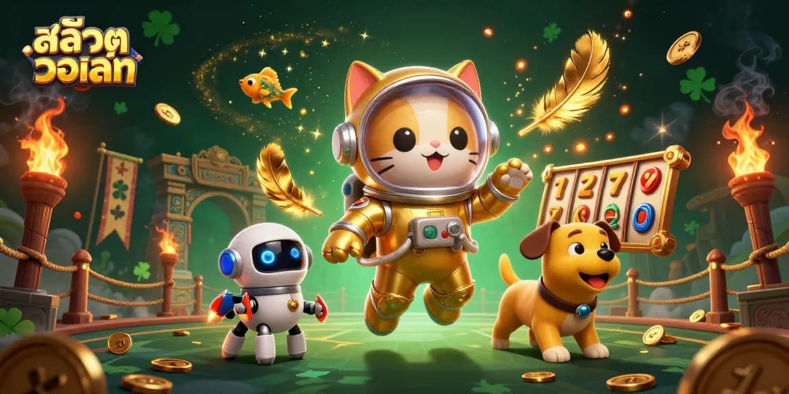 Engage in thrilling gameplay with สล็อตวอเลท, featuring a vibrant 3D scene of a space astronaut cat and robot dog in a cosmic setting.