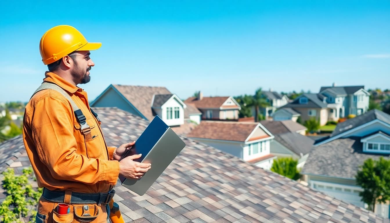 Roof repair professional evaluating roofing needs with diverse materials in a suburb.