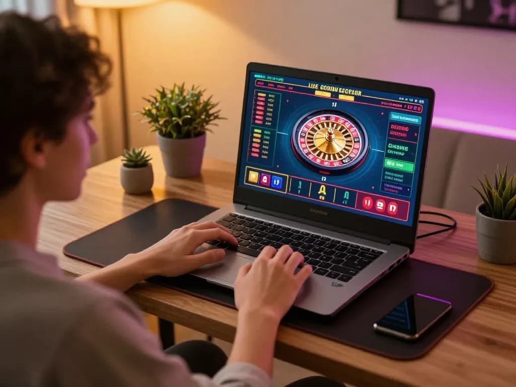 Person enjoying SC88 online casino gaming at home with a laptop, promoting responsible gambling practices.