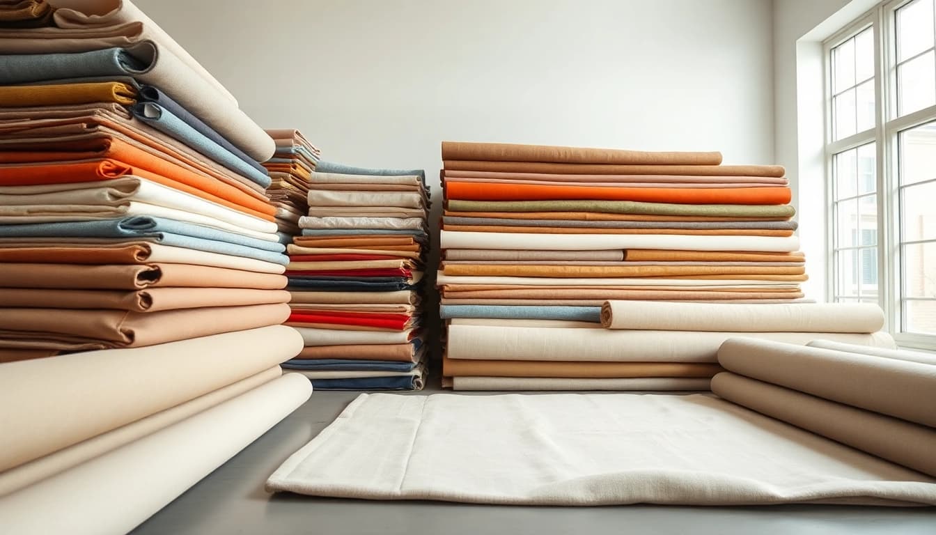 Canvas stof per meter rolls displayed in a bright workspace, showcasing vibrant colors and textures.