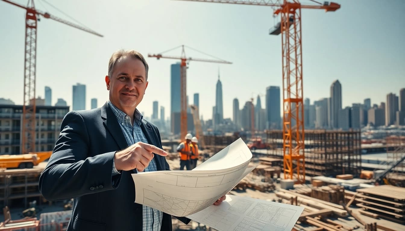 New York Construction Manager directing a busy construction site with plans in hand.