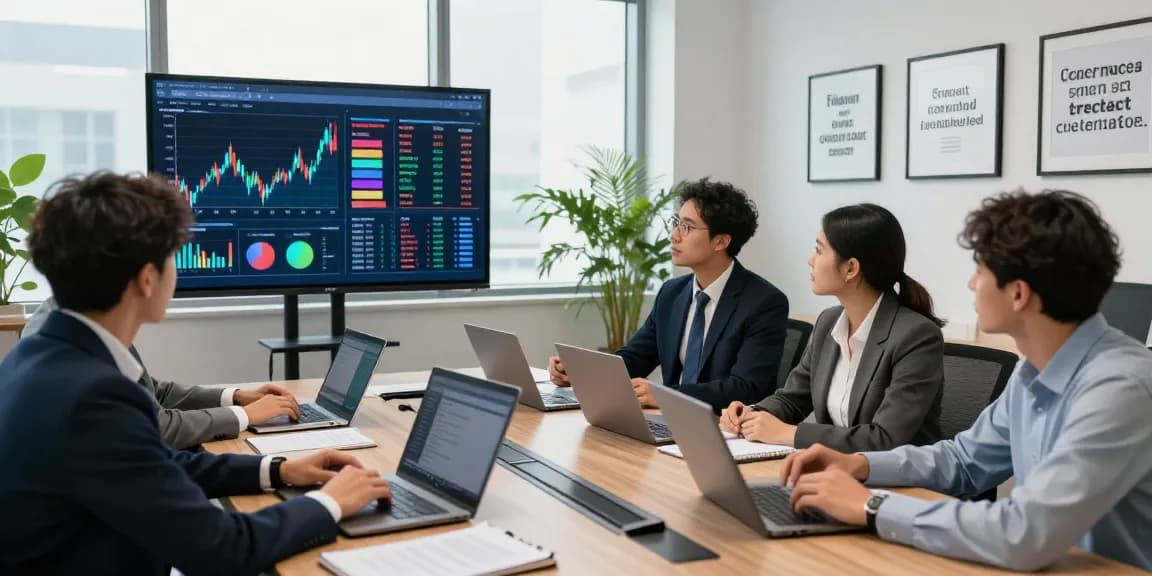 Team analyzing financial crime intelligence data in a modern office setting, with diverse experts engaged in discussion.