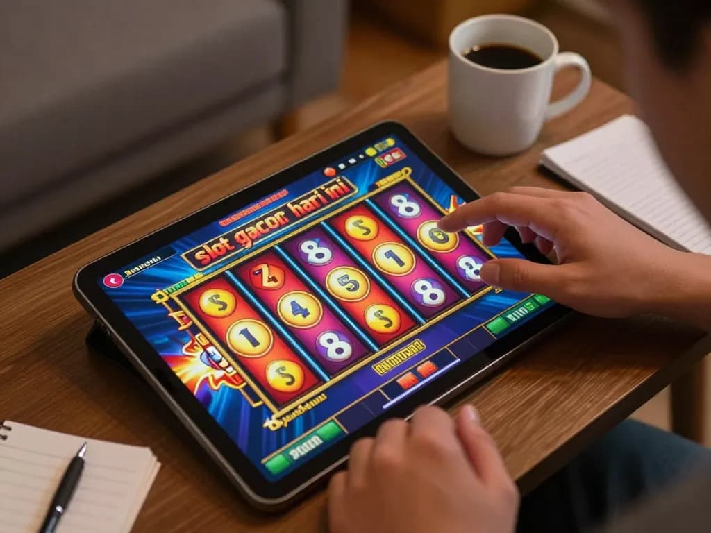 Engaging with slot gacor hari ini on a tablet, showcasing vibrant online gaming atmosphere in a cozy setting