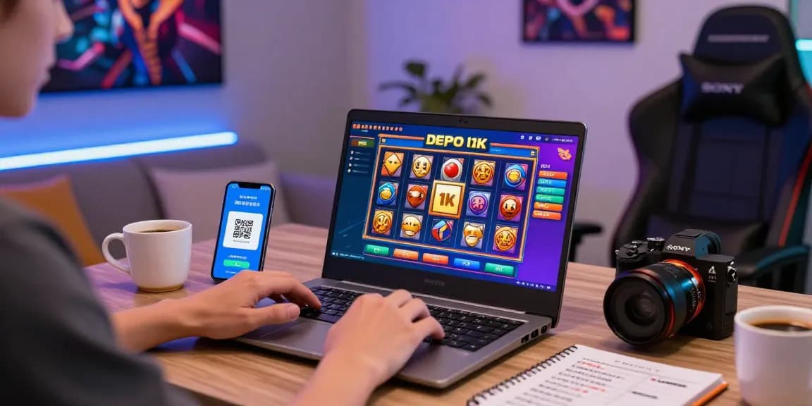 Engaging online gaming experience with slot depo 1k games displayed on a laptop screen in a vibrant home setting.
