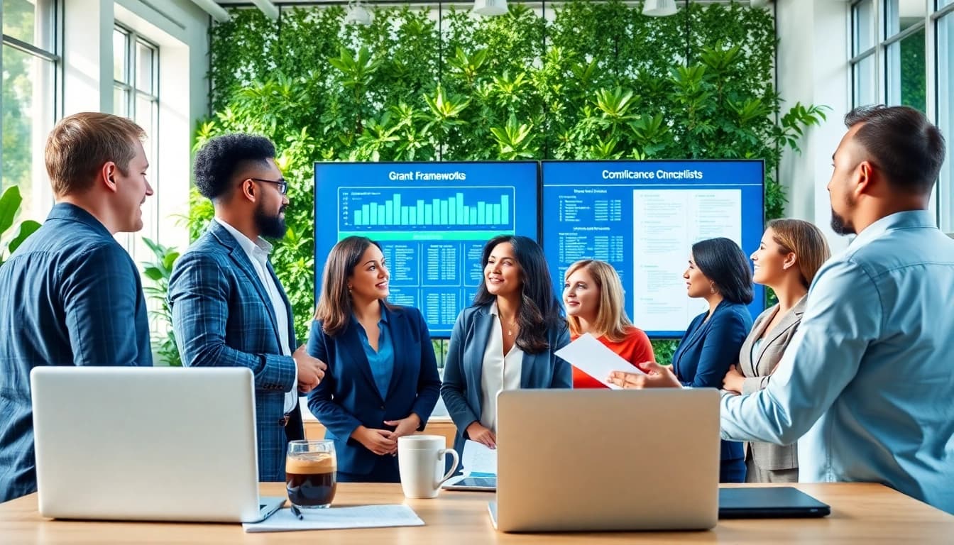 Consultants discussing grants and pre-post award compliance in a modern office environment.