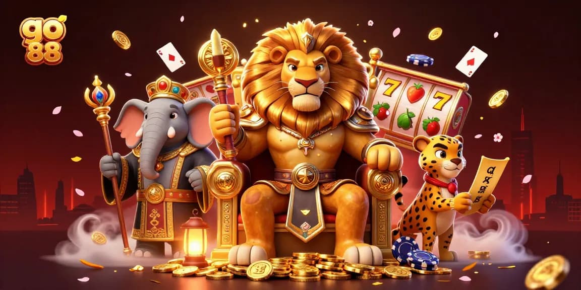 Engage in vibrant casino action with go 88 featuring a royal lion king and gaming elements.