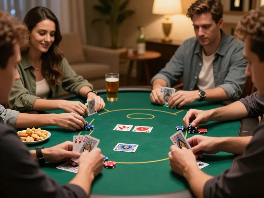 Friends enjoying an exciting poker night at home while playing jae888, engaging in strategic gameplay with cards and chips.