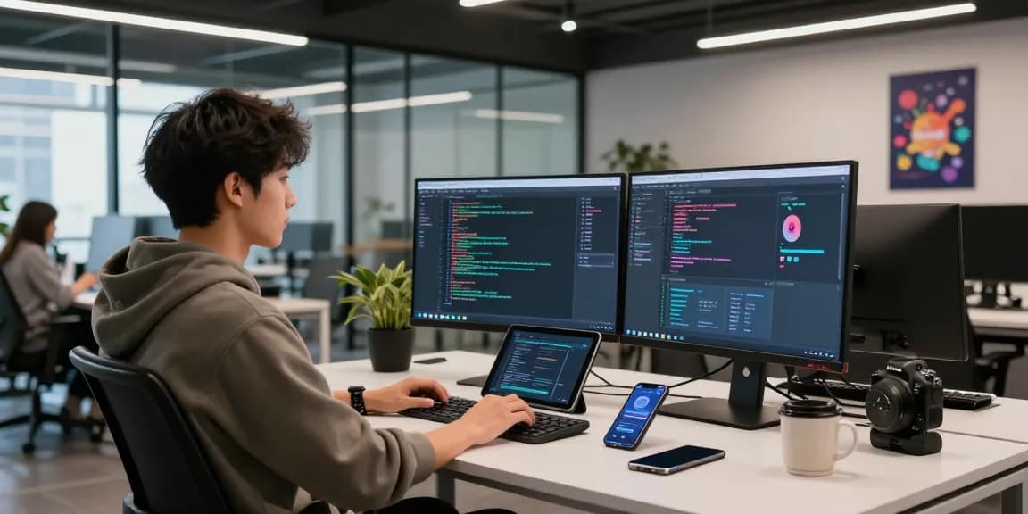 Developer working with the 纸飞机中文版 app on multiple monitors in a high-tech workspace